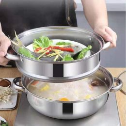 Stainless Steel Stack And Steam Pot Set With Lid 2 Tier Steamer Pot Steaming Cookware For Kitcken Cooking