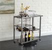 Contemporary Style Metal Bar Cart With Tempered Glass Shelves, Gunmetal Gray Black