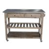 Dunawest 2 Drawers Wooden Frame Kitchen Cart with Metal Top and Casters;  Brown and Gray