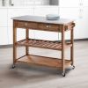 Dunawest 2 Drawers Wooden Frame Kitchen Cart with Metal Top and Casters;  Brown and Gray