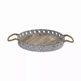 16" Rustic Round Grey Wash Metal and Wood Tray