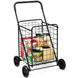 Jumbo Basket Folding Shopping Cart With Swiveling Wheels And Dual Storage Baskets (Color: Black A)